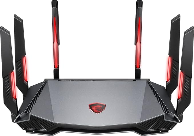 MSI Radix AXE6600 WiFi 6E Tri-Band Gaming Router, AI QoS, RGB, 1.8GHz Quad-Core Processor, MU-MIMO, Tri Band Gigabit Wireless, 8-Stream, High Speed Long Range Gaming Router
