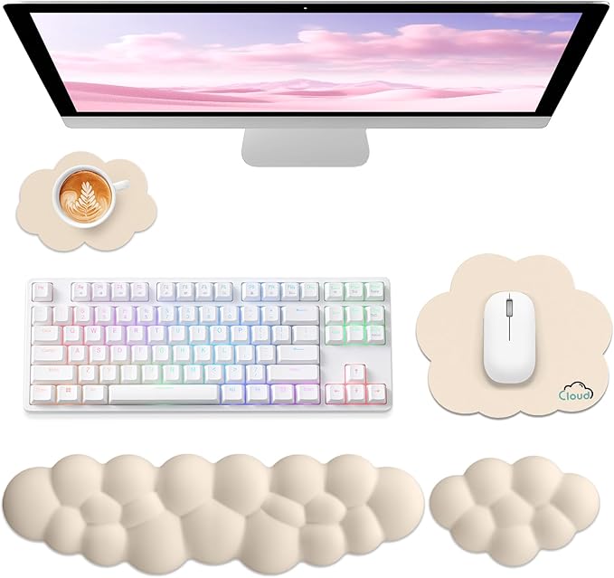 Cloud Wrist Rest for Computer Keyboard, 4-in-1 Memory Foam Leather Cloud Keyboard Wrist Rest and Mouse Pad Set with Ergonomic Support for Arm and Palm Cushion, Gaming/Work Setup, Beige