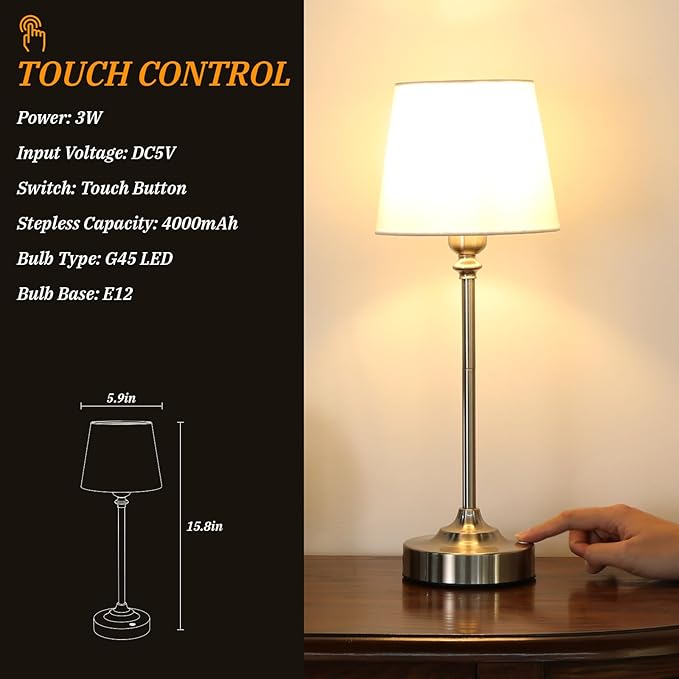 Kakanuo Cordless Table Lamps Rechargeable Set - 2 Pack Silver 4000mAH Battery Operated Lamps for Decor, 3000K Stepless Dimming Touch Wireless Lamp for Bedroom, Dining Table, Living Room, White Shade