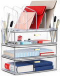 Acrylic Desk Organizer with 4-Vertical File Holder Rack, 3-Clear Drawer and 2 Pen Holders, Desktop Storage for Office Desk Accessories School Classroom Organization (Clear)