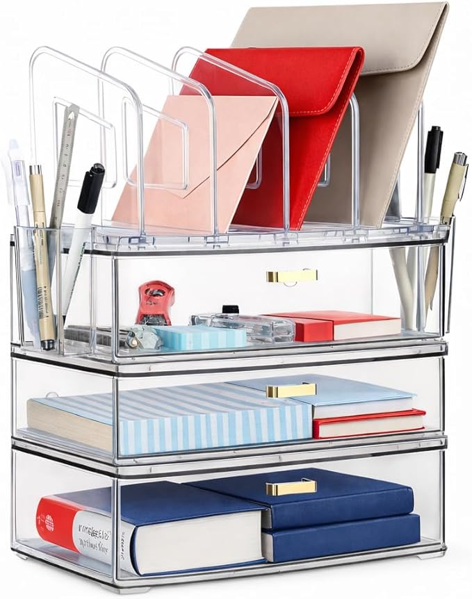 Acrylic Desk Organizer with 4-Vertical File Holder Rack, 3-Clear Drawer and 2 Pen Holders, Desktop Storage for Office Desk Accessories School Classroom Organization (Clear)