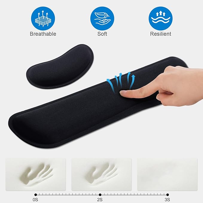 Leolee Gel Memory Foam Keyboard Wrist Rest, 5 in 1 Wrist Rest for Computer Keyboard and Mouse Set, Black Ergonomic Wrist Support with Non-Slip Base for Pain Relief, Typing, Gaming, Office
