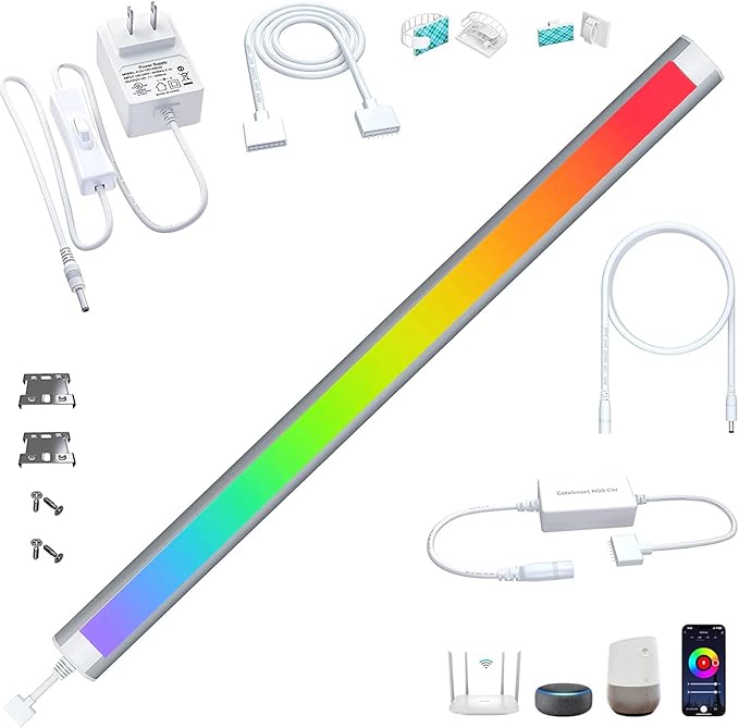Plug In Under Cabinet Lighting, RGB LED Light Bar Works with Alexa, Google Assistant, Smart App, 20Inch, Ultra-Thin Room Lights Strip Dimmable for Kitchen Counter, Shelf, Desk, Closet, Music Sync,1pcs