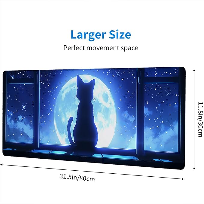 Anime Cat Desk Mat Gaming Mouse Pad Cartoon Cute Cat Looking Moon Large Gaming Mouse Mat with Stitched Edges,Non-Slip Waterproof Rubber Base Mous Mat Office Computer Keyboard Laptop Home 31.5"x11.8"