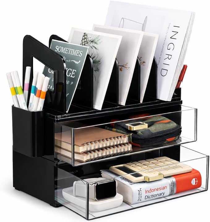 Black Acrylic Desk Organizer with Drawer & File Holder, Stackable Modular Storage System, Multi-Layer Desktop Organizer, Space Saving Office Desk Organizer for Home & Work