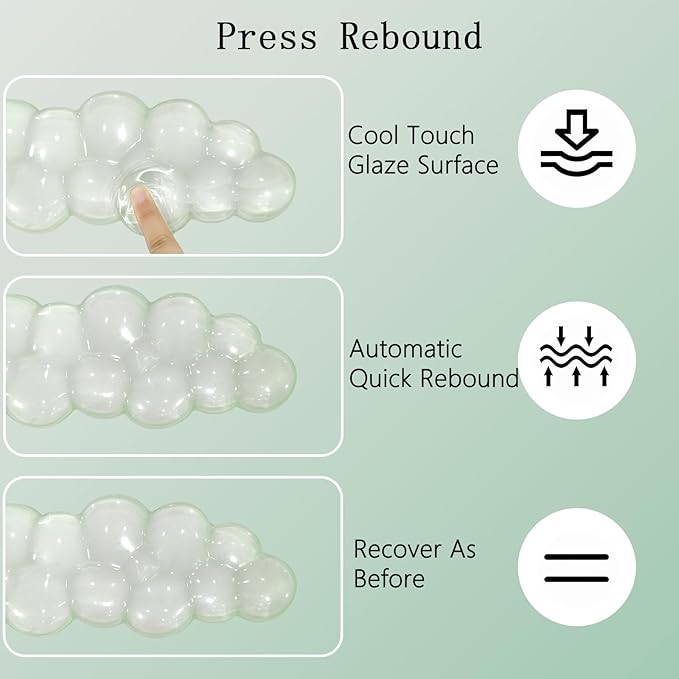 Gel Cloud Wrist Rest Keyboard Clear Green Mouse Pad with Wrist Rest Set 3PCS Ergonomic Cool Keyboard Wrist Pad Cute Acrylic Coaster Non-Slip Base Cute Transparent Mouse Wrist Pad Support for Computer