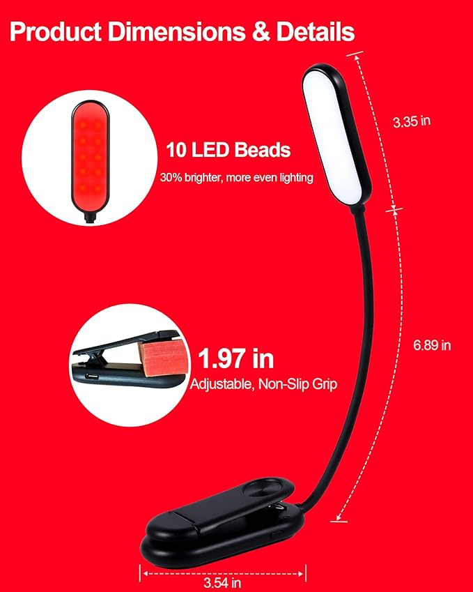 670nm Red Book Light [1 Pack] - Zero Blue Light, Rechargeable Clip On Red Reading Light Lamp for Reading at Night - Poratble Dimmable LED Book Lamp, Gift for Lovers Travel Studying Nursing