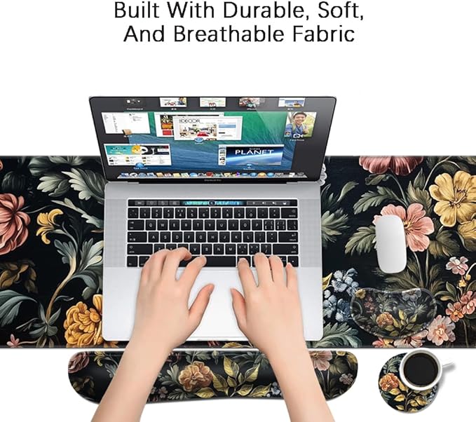 MIBITRI Keyboard Mouse Pad Set, Extended Gaming Mouse Pad+Ergonomics Keyboard Wrist Rest Support, Memory Foam, Easy Typing, 4Pcs XXL Ultra Thick Desk Mat, Elegant Flowers