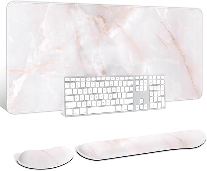 Auhoahsil Large Mouse Pad with Wrist Rests for Keyboard & Mouse, Thick Soft Ergonomic Memory Foam Wrist Supports, Big & Long Desk Mat 35.5 x 15.7 in, for Office Gaming Computer, White Marble