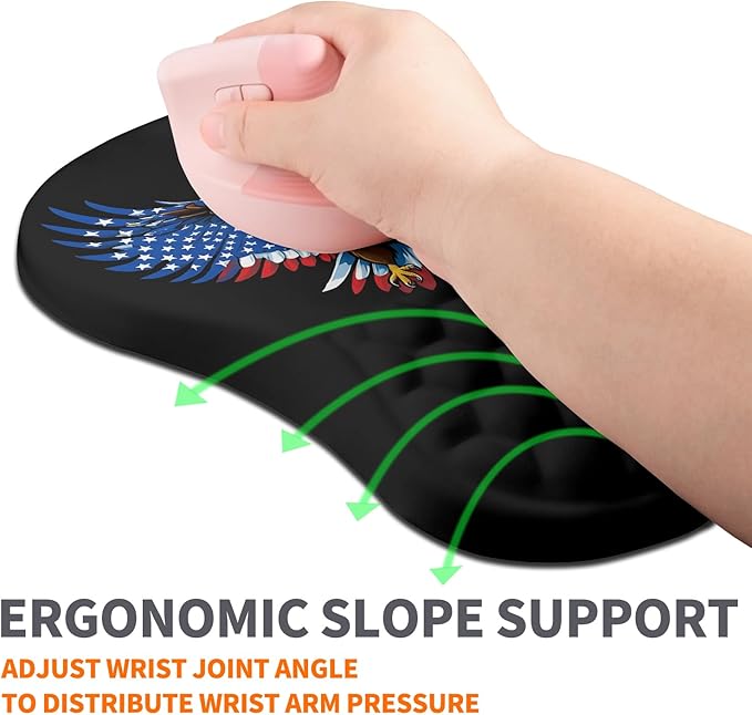 Ergonomic Joint Wrist Support Mouse Pad with Memory Foam Cushion Massage Bump, Carpal Tunnel Mousepad Slope Design for Wrist Rest, 11.8x7.9 in, Eagle Flag