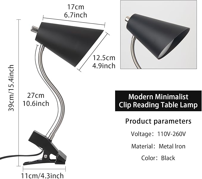 LED Clip on Desk Lamp with 1 USB Charging Port, Portable 360°Rotation Gooseneck Clip on Lamp, Clamp Light Modern Table Lamp for Reading, Working, Studying, Gentle Warm White Light, Eye Protect