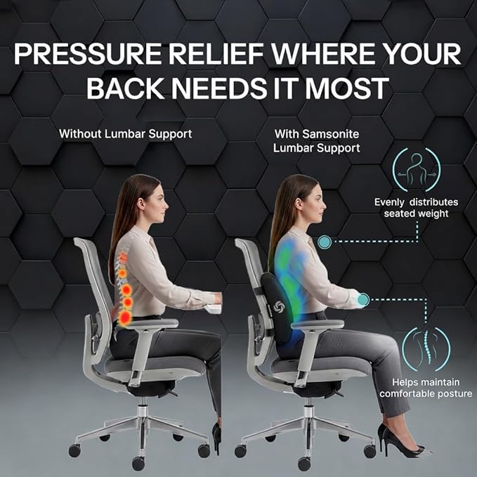 Samsonite Memory Foam Lumbar Support Pillow for Office Chair, Gaming Chair & Car Seat Automotive Use, Ergonomic Back Cushion, Home Office Essentials for Sitting Comfort and Posture Relief Back Support