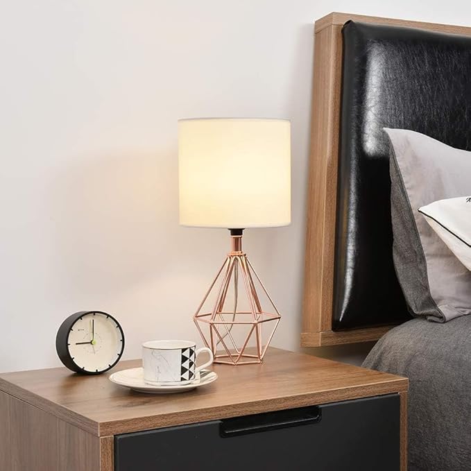 COTULIN Rose Gold Bedside Table Lamp,Modern Small Desk Lamp with TC Fabric Shade Geometric Metal Base for Kids Living Room Bedroom Nightstand