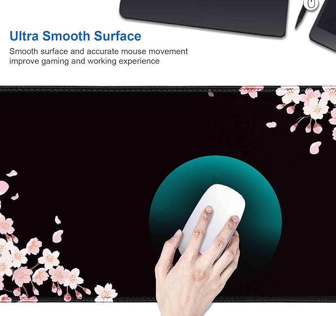IMAYONDIA Ethereal Sakura Nightfall Desk Pad (35.4x15.7 in), Cherry Blossom Large Gaming Mouse Pad Mousepad, Serene Blossoms on Black Elegant Floral Art Desk Mats, Japanese Floral Computer Accessory