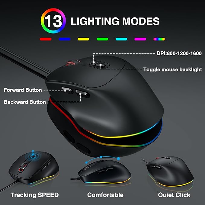 Wired Keyboard Mouse Combo - Large Print Backlit, Ergonomic Wrist Rest, 6 DPI RGB for PC/Windows - Ideal for Seniors, Students, Office and Home SABLUTE KM21Pro