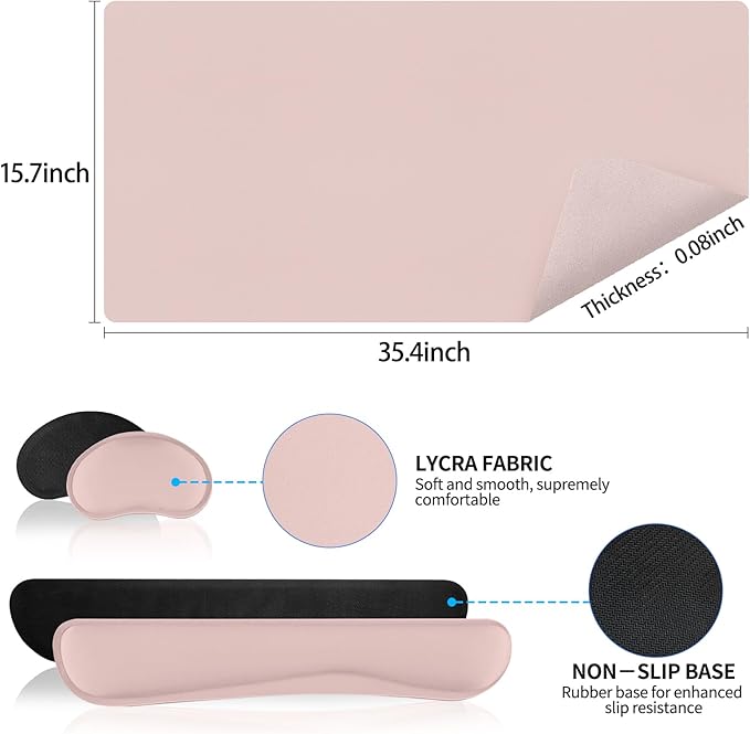Mouse Pad and Keyboard Wrist Rest, Large Keyboard and Mouse Pad Set, Ergonomic Mousepad with Wrist Rest, Non-Slip Desk Mat Protector for Office, Home (35.4×15.7 Inches, Pink)