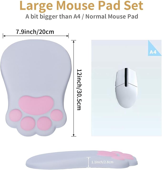 L-SPOUTTO Ergonomic Mouse Pad with Wrist Rest,Cute Cat Paw Mousepad Wrist Support,Comfortable Massage Design Computer Pain Relief Mouse Pad with Non-Slip PU Base for Desk Laptop Gaming Office,Grey