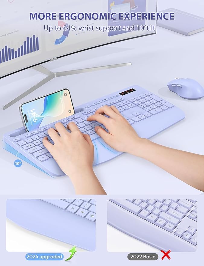 SABLUTE Wireless Keyboard and Mouse, Wrist Rest, Phone Holder, 2.4G Lag-Free Ergonomic Keyboards Mouse Combo, KM23D Silent Keyboards Set for Computer, Laptop, PC, Windows, Purple