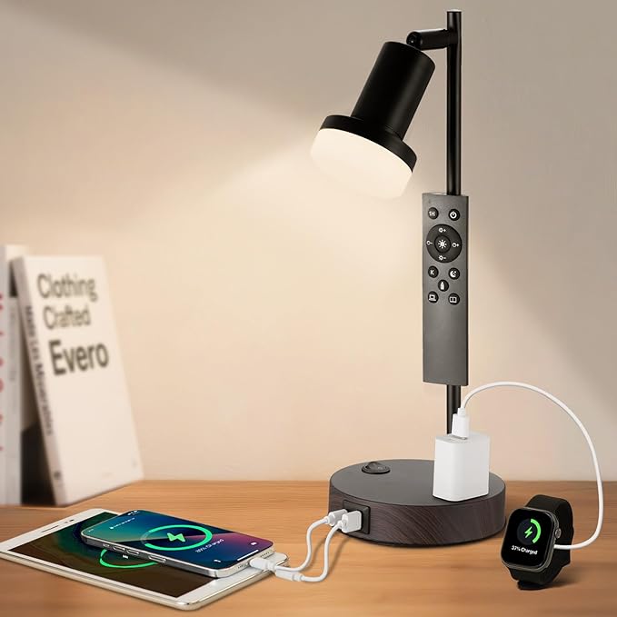 Industrial Table Lamp with Remote Control for Stepless Dimmer & Temperatures, Bedside Lamp with USB C+A Ports and AC Outlet, Flexible Head-Desk Lamp for Bedroom, Living Room, Office (Walnut)