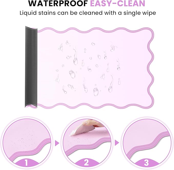 Leather Desk Mat, XXL Large 31.4x15.7in Scalloped Gaming Mouse pad，Non-Slip Rubber Base Keyboard Pad Mousepad for Laptop Computer Game Home Office，Waterproof and Oilproof Desktop Mat I Pink