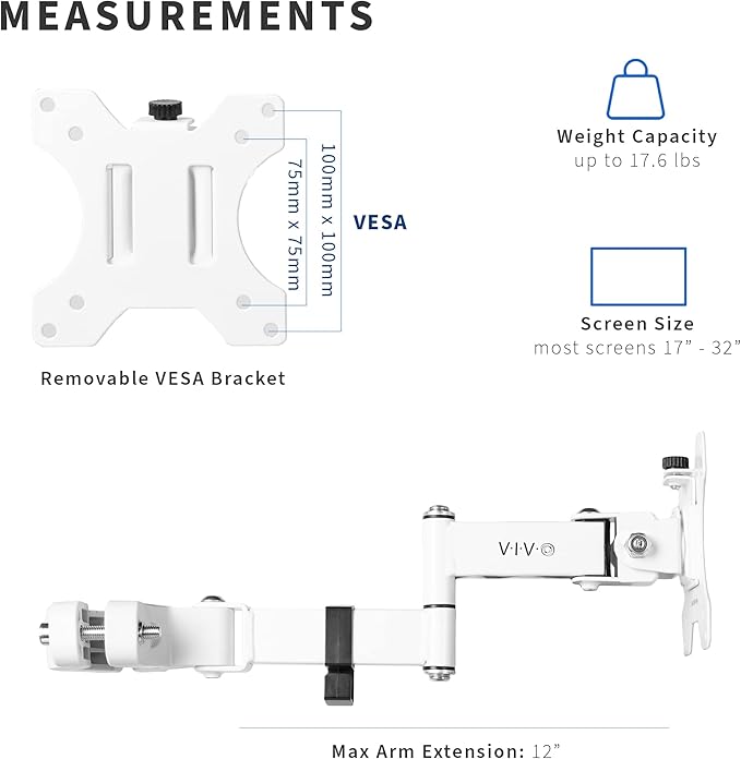 VIVO Steel Universal Full Motion Pole Mount Monitor Arm with Removable 75mm and 100mm VESA Plate, Fits 17 to 32 inch Screens, White, MOUNT-POLE01AW