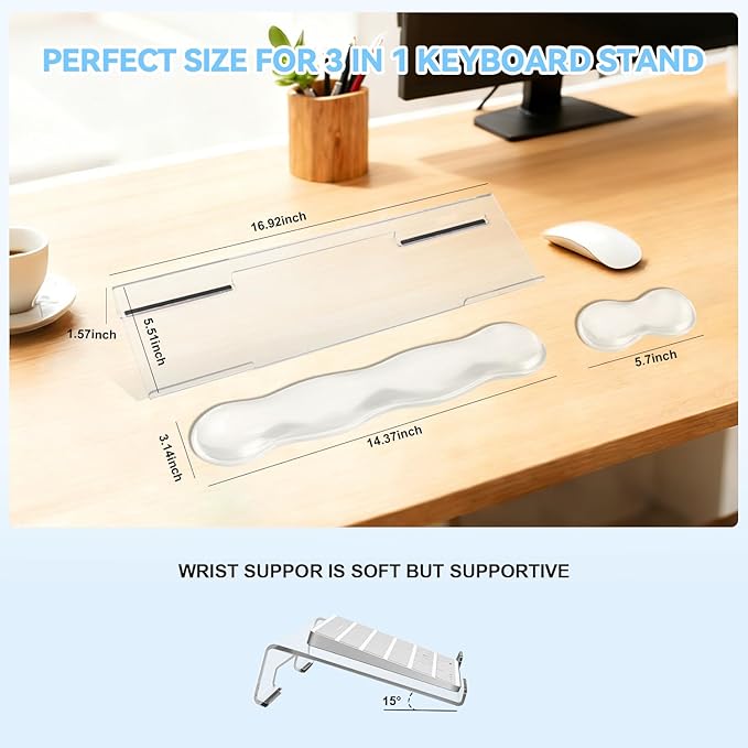 Keyboard Stand with Gel Wrist Rest Combo, Ergonomic Desktop Riser & Wrist Support Platform for Computer, Acrylic Clear Keyboard Stand Compatible Non-Slip Base