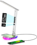 LED Desk Lamp with 10W QI Wireless Charging, Flexo Table Lamp with 3 Colors and 5 Brightness Levels with Charging Function,USB,Clock,Temperature,LCD,Date,Touch Control. (White)