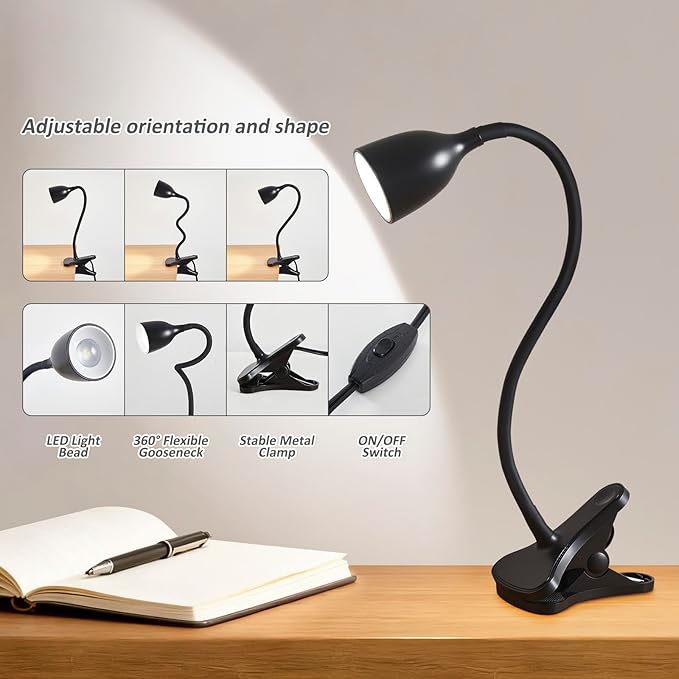 Desk Lamp for Home Office - Clip on Reading Light and Bed Headboard Clamp Lamp, Bedside Gooseneck Table Lamp, Clip on Desk Lamps, Eye-Caring Desk Lamp for College Dorm Room Study Lamp, Black