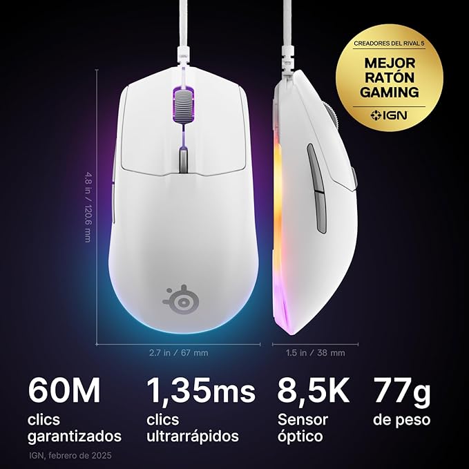 SteelSeries Rival 3 Gen 2 Gaming Mouse — 8500 DPI TrueMove Core Optical Sensor — 60 Million Click Durability — Low Latency — 77g Lightweight — 100% PTFE Feet — RGB — White