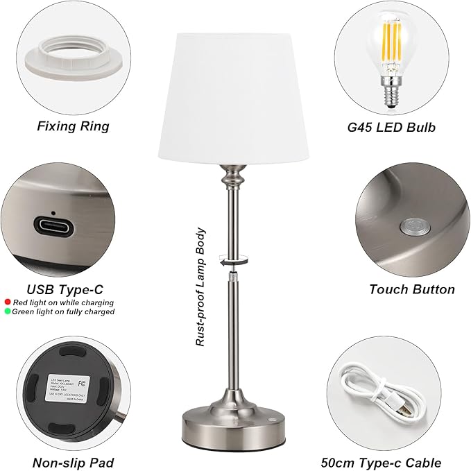 Kakanuo Cordless Table Lamps Rechargeable Set - 2 Pack Silver 4000mAH Battery Operated Lamps for Decor, 3000K Stepless Dimming Touch Wireless Lamp for Bedroom, Dining Table, Living Room, White Shade