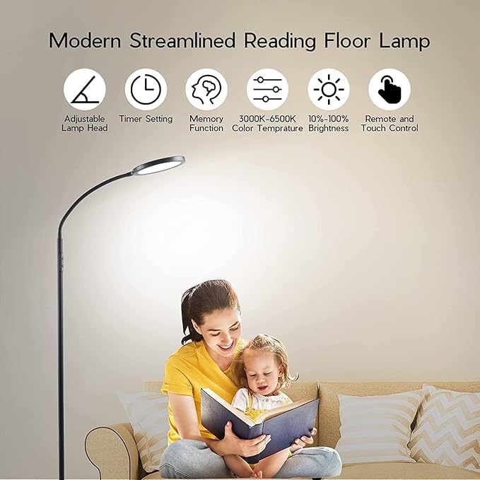 Tenmiro LED Floor Lamps for Living Room, Bright Modern Reading Floor Lamp with Stepless Adjust Color Temperatures & Brightness, Standing Lamp with RF Remote & Touch Control(Bule)
