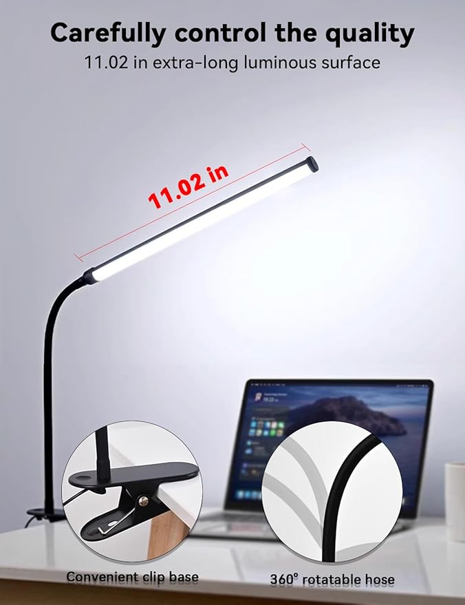 2 Pack LED Desk Lamp with Clamp,Eye-Friendly Clip on Lights for Home Office Study Reading,3 Modes 10 Brightness,Long Flexible Goose-Neck,Swing Arm Architect Task Table Lamps with USB Adapter