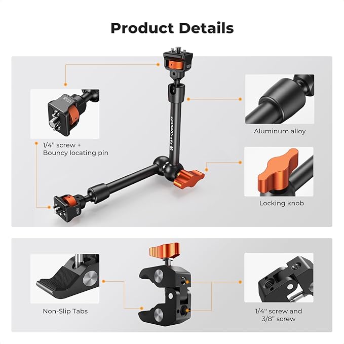 K&F CONCEPT 11" Magic Arm Clamp with ARRI 1/4" & 3/8" Thread Screw 360° Ball Heads Articulating Arm Camera Adapter for DSLR, Monitor, LED Light, Microphone, Camera Cage, Action Camera