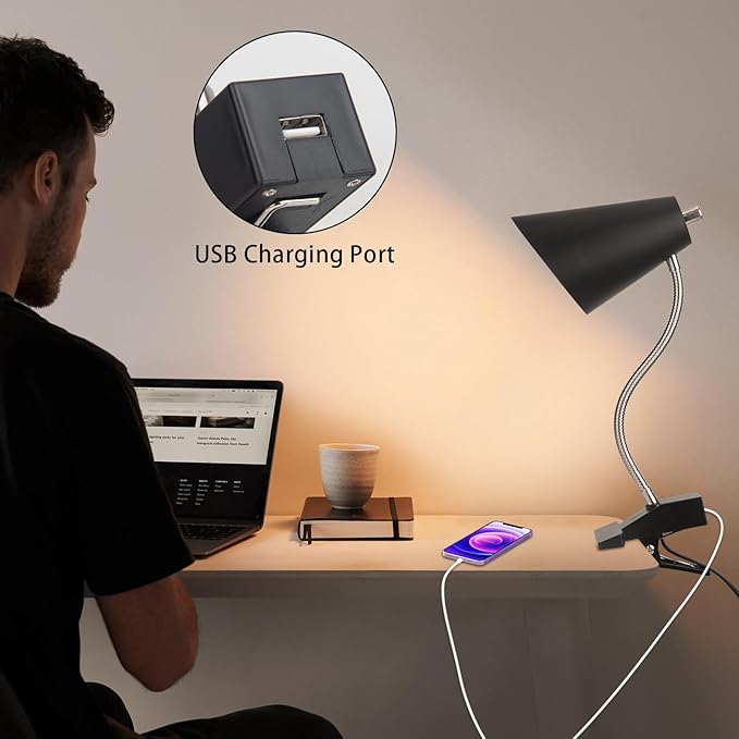 LED Clip on Desk Lamp with 1 USB Charging Port, Portable 360°Rotation Gooseneck Clip on Lamp, Clamp Light Modern Table Lamp for Reading, Working, Studying, Gentle Warm White Light, Eye Protect