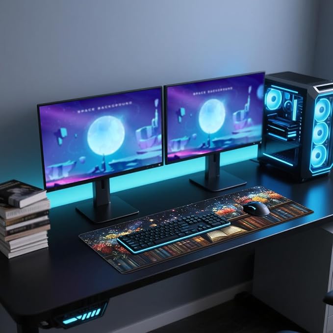 Starry Bookshelf Desk Mat Gaming Large Mouse Pad Blooming Book Flowers Night Mousepad Computer Keyboard Pad Mouse Mat Laptop Mat 31.5 x 11.8 Mouse Pads for Desk Home Office Gaming