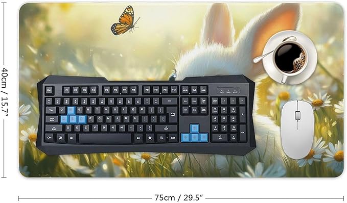 Large Ergonomic Gaming Mouse Pad Baby Bunny in Daisy Field - Sweet Rabbit Theme with Non-Slip Base Water-Resistant Surface and Stitched Edges 40X75cm