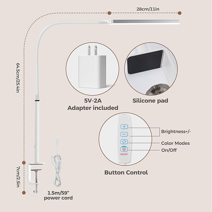 Led Desk Lamp for Home Office, Eye-Caring Desk Light with Clamp, Clip on Light for Reading, 3 Modes 10 Brightness, Flexible Goose-Neck, Memory Function, Study, Work, Draw, White