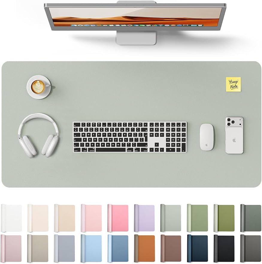 YSAGi Leather Desk Protector, Office Mat, Large Mouse Mat, Non-Slip PU Leather Blotter, Laptop Pad, Waterproof Writing Pad for Office and Home (Grayish Green, 35.4" x 17")