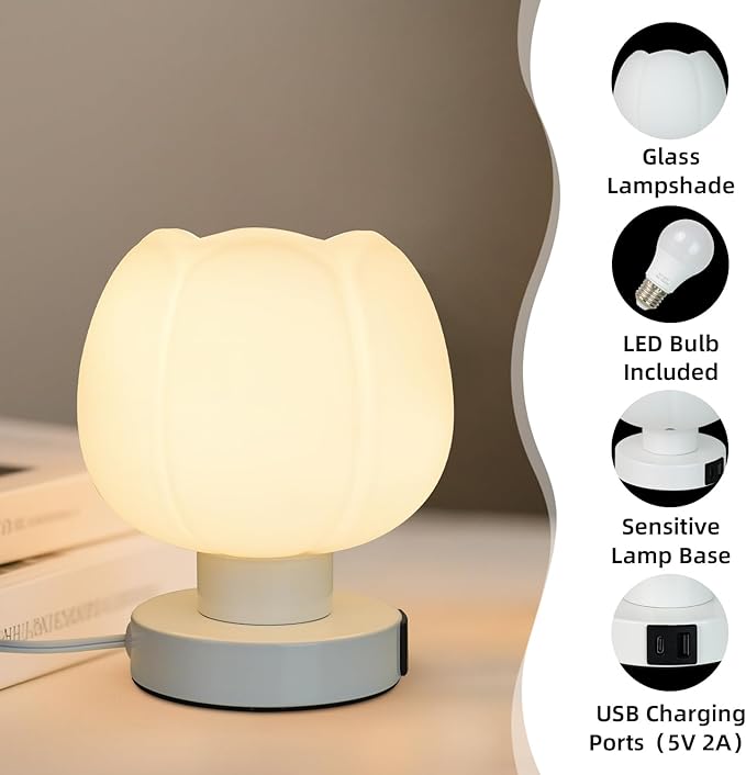 Touch Bedside Lamp with USB C+A Charging Ports,Tulip Flower Lamp with White Glass Lamp Shade, Warm LED Bulb, 3 Way Dimmable, Small Table Lamp for Bedroom Nightstand Living Room