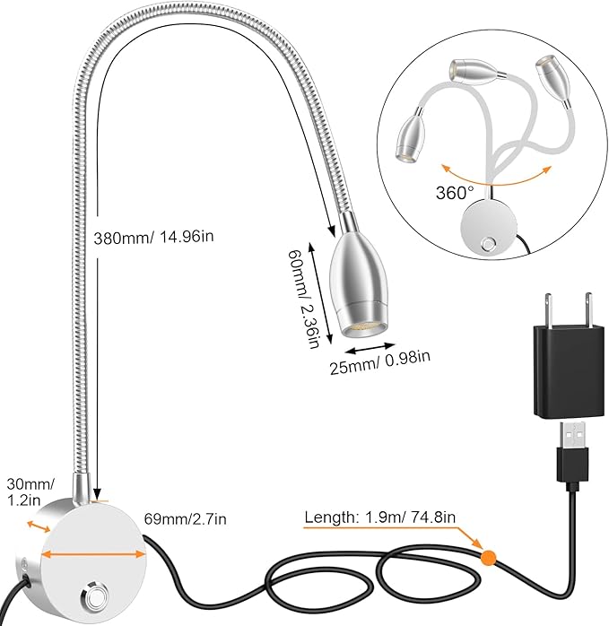 Wall Mounted LED Reading Light with 360° Flexible Gooseneck, Dimmable Bedside Reading Lights for Books In Bed, Plug In Headboard Night Lights, Eye-Caring, 3 Colors Temperature, Touch Control-1 Pack