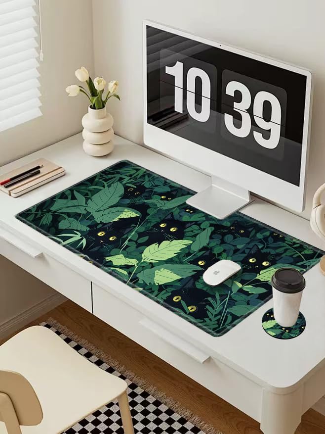 Gaming Mouse Pad Black Cute Cat Desk Mat Large Mousepad 31.5''X15.75'' Desk Pad XXL Computer Mat Big Non-Slip Mouse Mat for Women Office Work Home