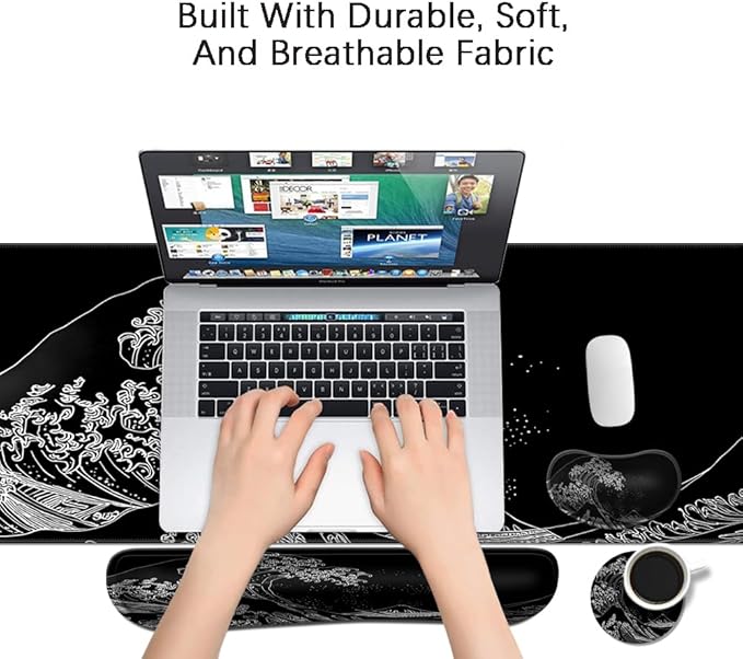 MIBITRI Keyboard Mouse Pad Set, Extended Gaming Mouse Pad+Ergonomics Keyboard Wrist Rest Support, Memory Foam, Easy Typing, 4Pcs XXL Ultra Thick Desk Mat, Japanese Wave
