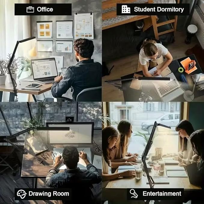 LED Desk Lamp, Adjustable Swing Arm Lamp with Clamp, Eye-Caring Reading Desk Light, 10 Brightness Levels, 3 Lighting Modes, Memory Function Desk Lamps for Home Office with Adapter (Black)