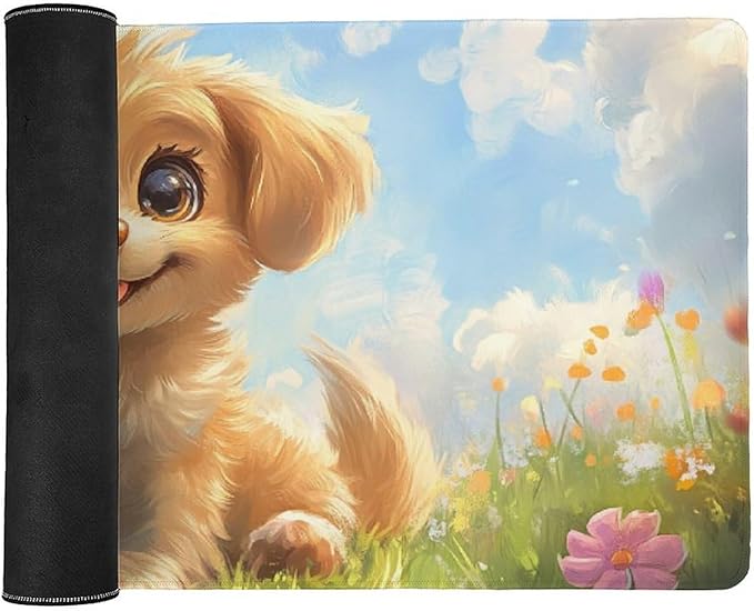 Large Ergonomic Gaming Mouse Pad Happy Puppy in Sunny Field - Lovable Dog Theme with Non-Slip Base Water-Resistant Surface and Stitched Edges 40x90cm
