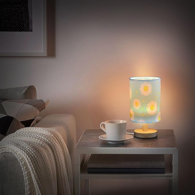 Blue Daisy LED Table Lamp, Bedside Lamp with Linen Lampshade, Flicker-Free Eye Care USB Plug in Nightstand Lamp, for Bedroom and Office