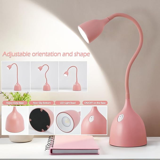 Gooseneck Desk Lamp 360° LED Flexible Reading Light Small Desk Lamps for Small Spaces Home Office Bedroom College Dorm Desk Bookshelf Nightstand Table Lamp (Pink)