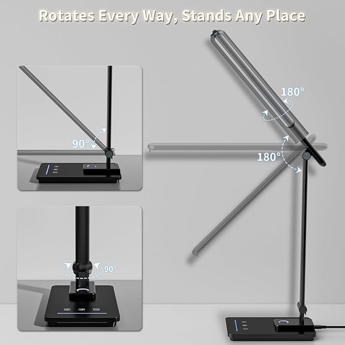ELECTRI LED Desk Lamp, Touch Desk Light with USB Port, 5 Color & Stepless Dimming, 360° Rotatable ＆ Foldable, Reading Lamp for Table Study Work Office Nail Craft Puzzle(with Adapter) (Black)