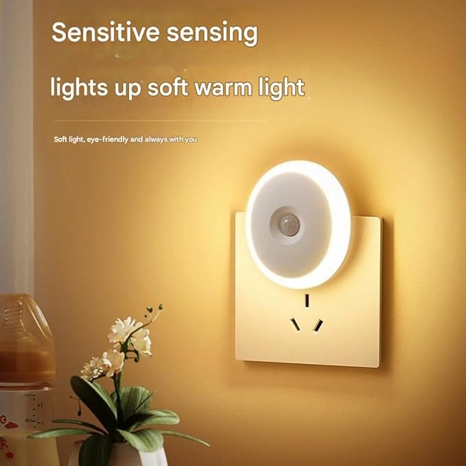 Plug-in Motion Sensor Night Light — Energy-Saving 0.7W Warm White, Auto On/Off (3–5m) & Ambient Light Sensing, Flicker-Free Eye-Care LED — Hallway, Bathroom, Bedroom, Nursery, Stairs