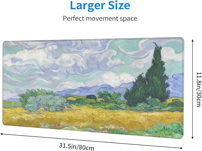 Van Gogh Wheat Field with Cypresses Mouse Pad Extended Large Gaming Mousepad XL Big Long Oversized Desk Mat Stitched Edges 31.5 X 11.8 Inch for Home Office