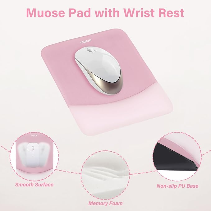MOSISO Wrist Rest Support for Mouse Pad&Keyboard Set, Rectangular Ergonomic Mousepad Non-Slip Base Home/Office Easy Typing Pad with Neoprene Cloth&Raised Silicone Lining, Pink